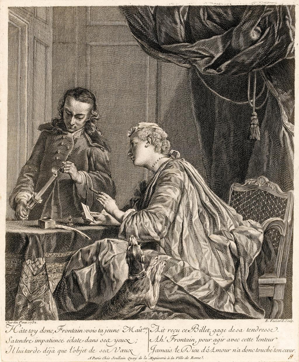 An image of Dame Cachetant une Lettre (Lady Sealing a Letter). Fessard, Étienne (printmaker; French). After Chardin, Jean Baptiste Siméon. Joullain, François (French artist/publisher). Etching, engraving. 1738.