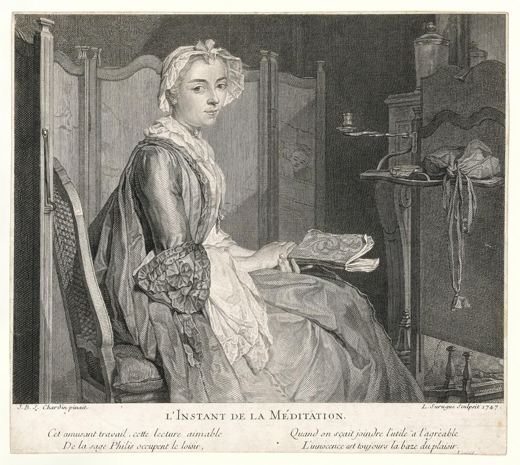 An image of Louis Surugue, after Jean Baptiste Siméon Chardin. L’Instant de la Méditation, 1747. Etching and engraving.