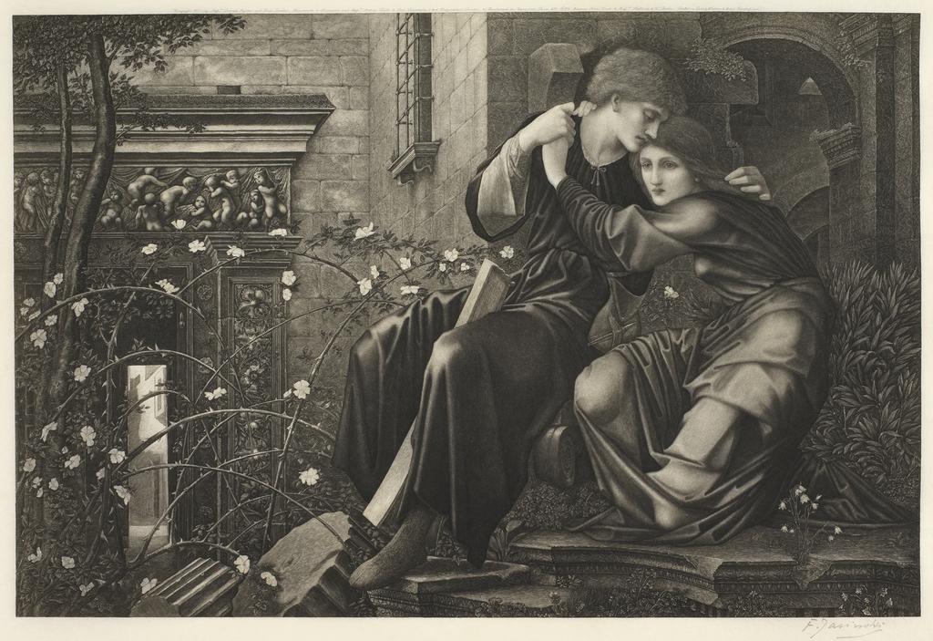 An image of Love among the ruins. Jasinski, Félix, printmaker (Polish, 1862-1901). Burne-Jones, Edward, after (British, 1833-1898). Arthur Tooth & Sons, publisher. Etching, black carbon ink on vellum (paper), 1899.