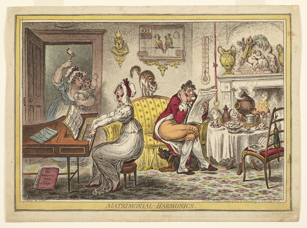 An image of Matrimonial Harmonics. Gillray, James (British, 1757-1815). Humphrey, Hannah, publisher (British, c.1745-1818). Etching, hand colouring. Published October 25th 1805.