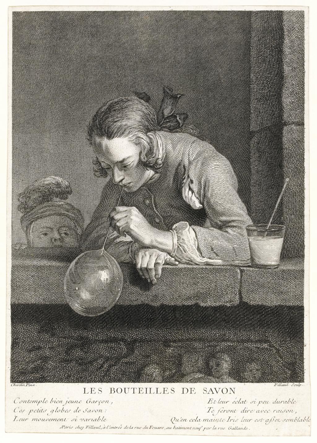 An image of Les Bouteilles de Savon. Pierre Filloeul, after Jean Baptiste Siméon Chardin. Etching and engraving on wove paper, height (paper) 27.3cm, width (paper) 19.4cm, advertised in the 'Mercure de France', December 1739.