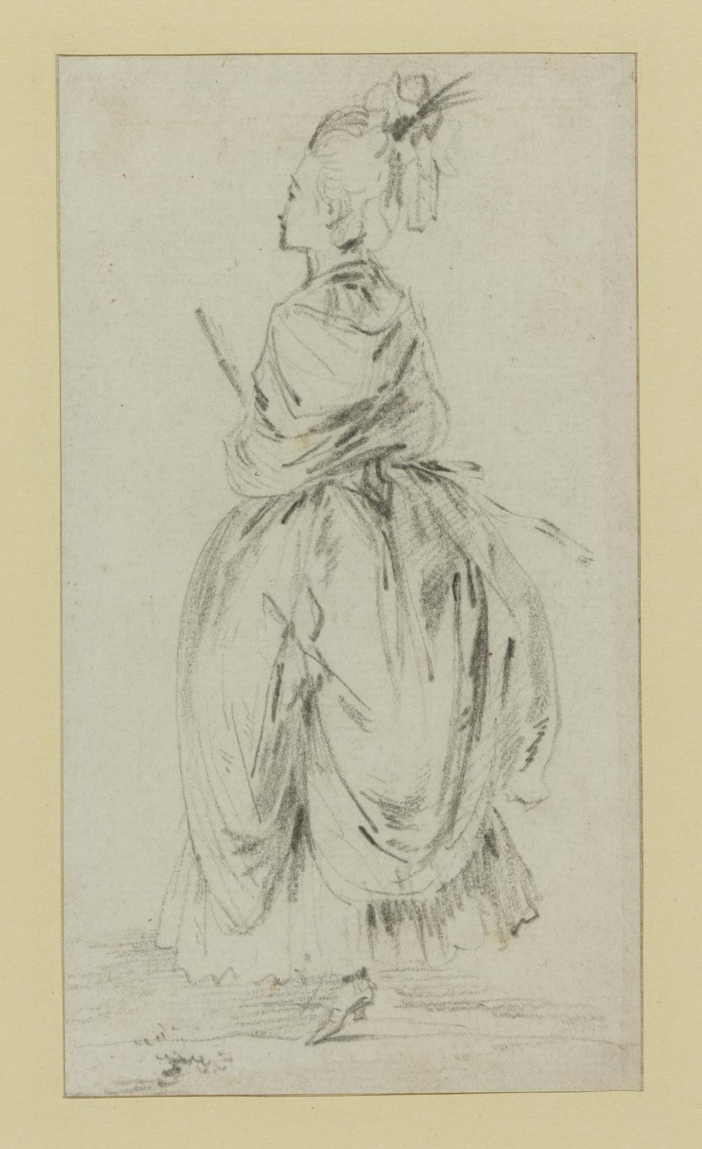 An image of A Lady, holding a fan, turned towards the left. Saint-Aubin, Gabriel Jacques de (French, 1724-1780). Black chalk on paper, height 162 mm, width 90 mm.