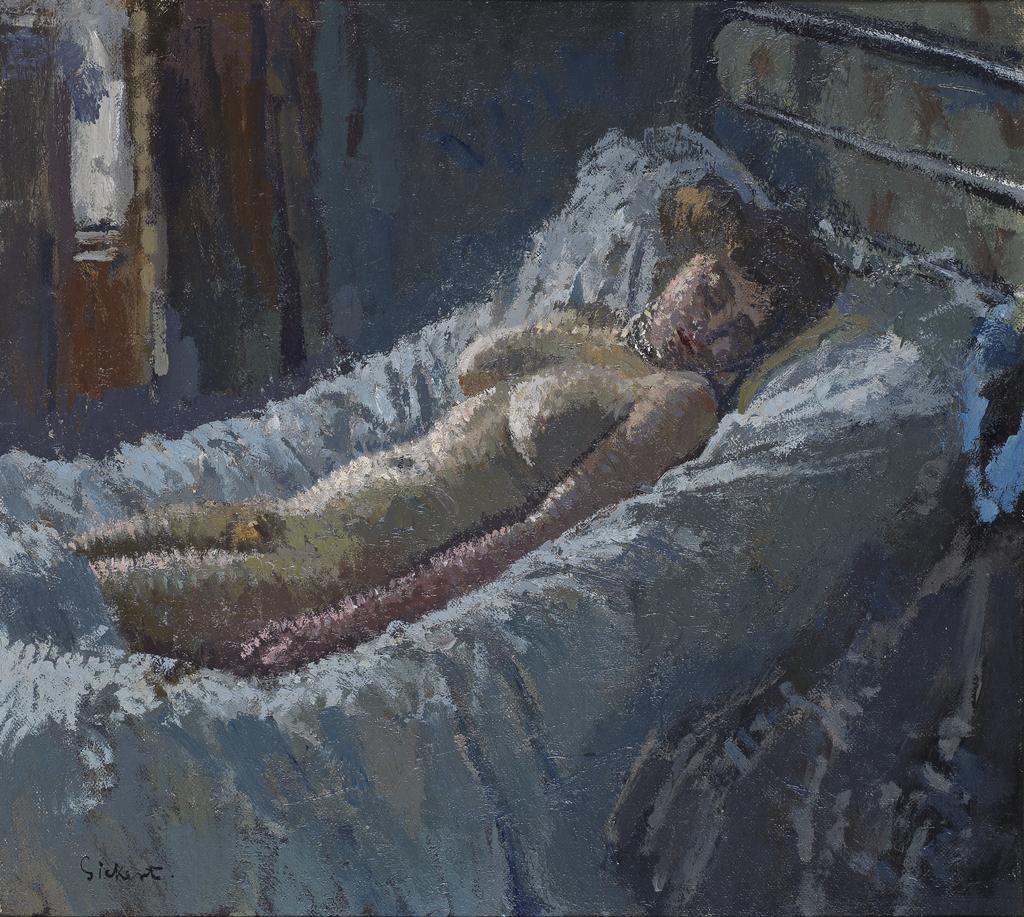 An image of Mornington Crescent Nude. Sickert, Walter Richard (British 1860-1942). Oil on canvas, height 45.7 cm, width 50.8 cm, circa 1907.