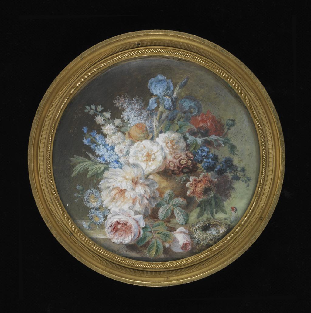 An image of Miniature painting. A brown stone vase of flowers with birds-nest on a marble slab. Spaendonck, Gerard van (Dutch, 1746-1822). Watercolour and gouache, diameter, sight size, 79 mm. Acquisition: bequeathed 1973 by Henry Rogers Broughton Fairhaven. Notes: framed as a pair with PD.1041-1973.