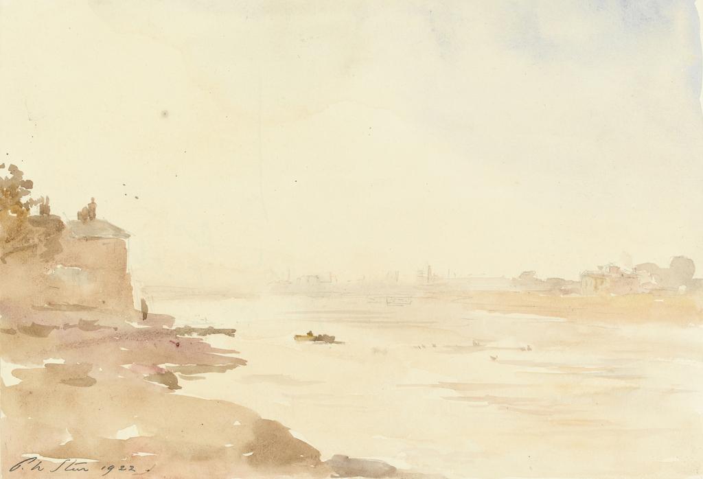 An image of Evening - River Scene, 1922. Steer, Philip Wilson (British, 1860-1942). Watercolour over graphite on paper, laid down on mount, height 223 mm, width 323 mm, 1922.