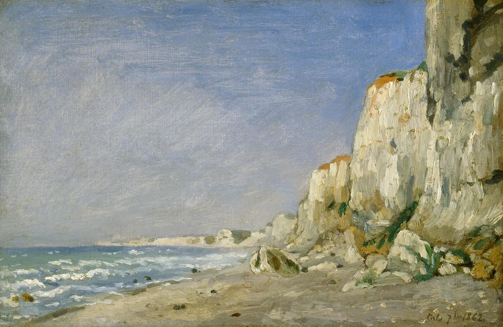 An image of Cliffs near Dieppe. Cals, Adolphe Félix (French, 1810-1880). Oil on canvas, height, canvas, 20.7 cm, width, canvas, 31.7 cm, height, frame, 32.1 cm, width, frame, 43.2 cm, depth, frame, 6 cm, 1862.