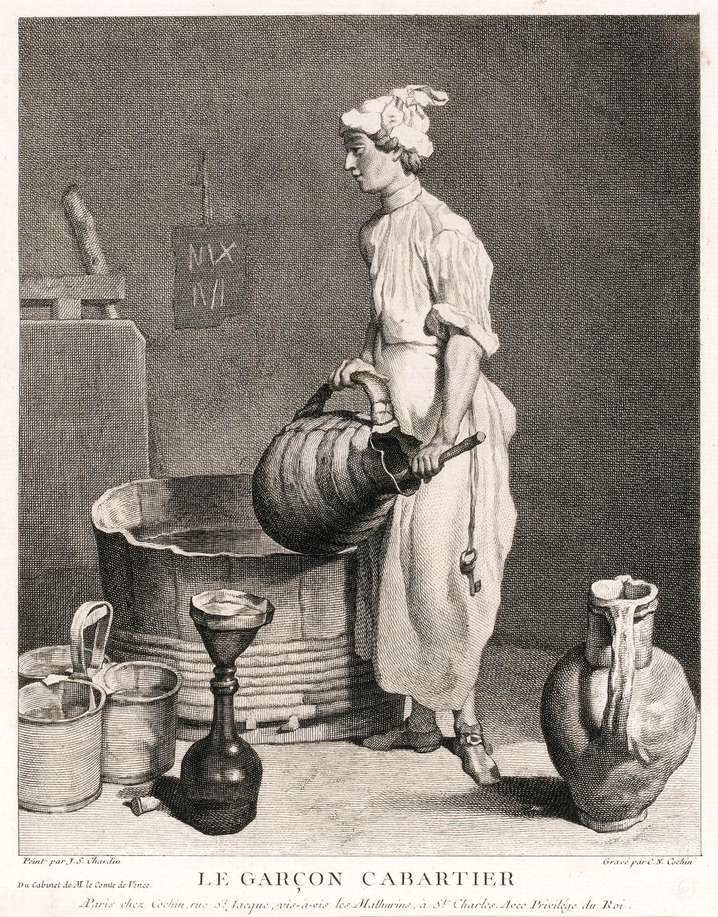 An image of Le Garçon Cabaretier (The Cellar Boy). Charles-Nicolas Cochin I, after Jean-Siméon Chardin. Le Garçon Cabaretier, 1740. Etching and engraving.
