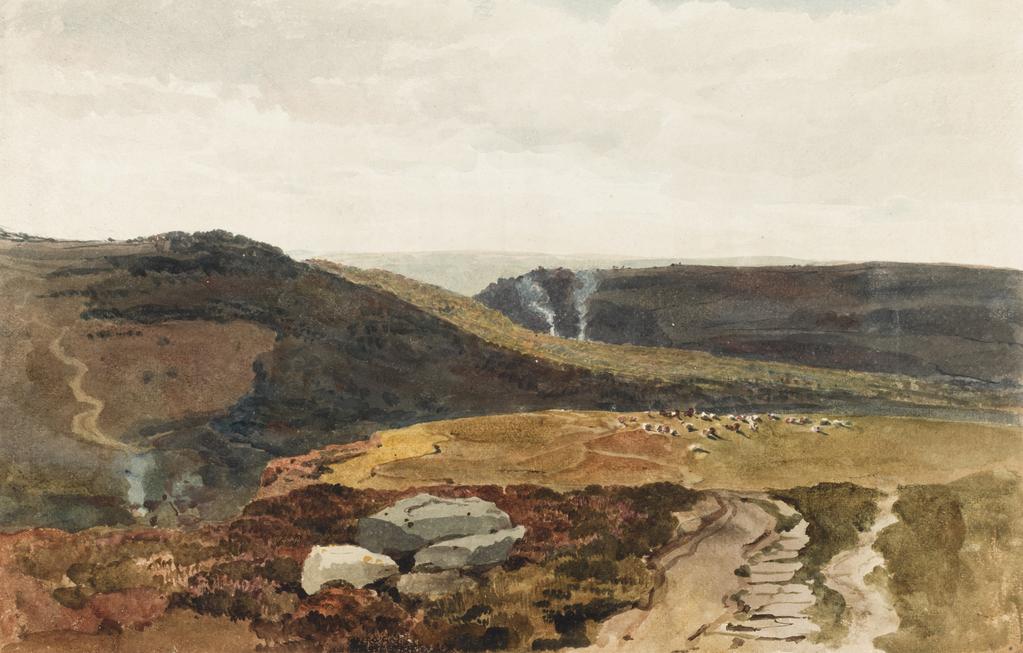 An image of Yorkshire Fells. De Wint, Peter (British, 1784-1849). Watercolour with gum Arabic, over traces of graphite on paper, height 363mm, width 565mm.