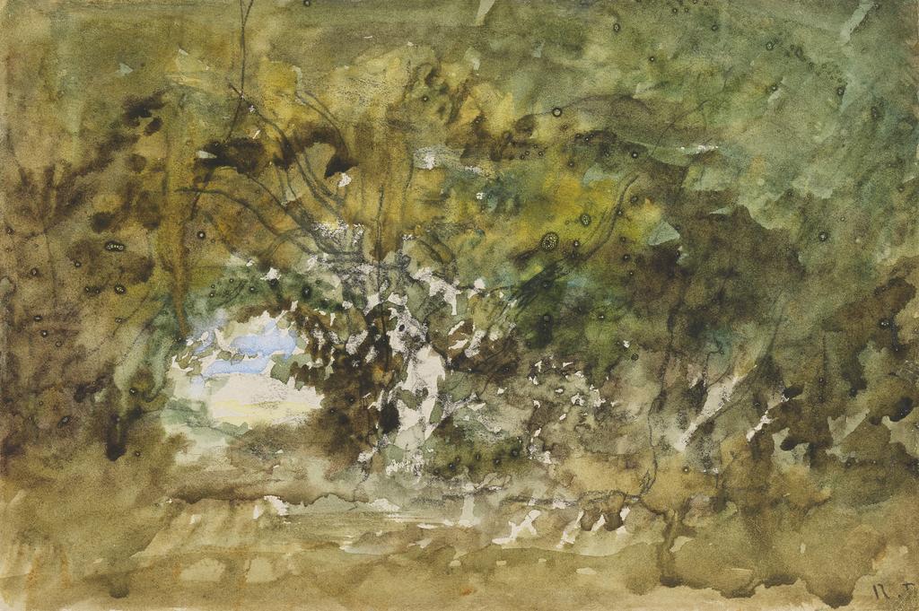 An image of Recto: Clearing in the wood. Verso: Study of trees. Diaz de la Peña, Narcisse Virgile (French, 1807-1876). Recto: watercolour over black chalk. Verso: black chalk on paper. Height 129 mm, width 195 mm,