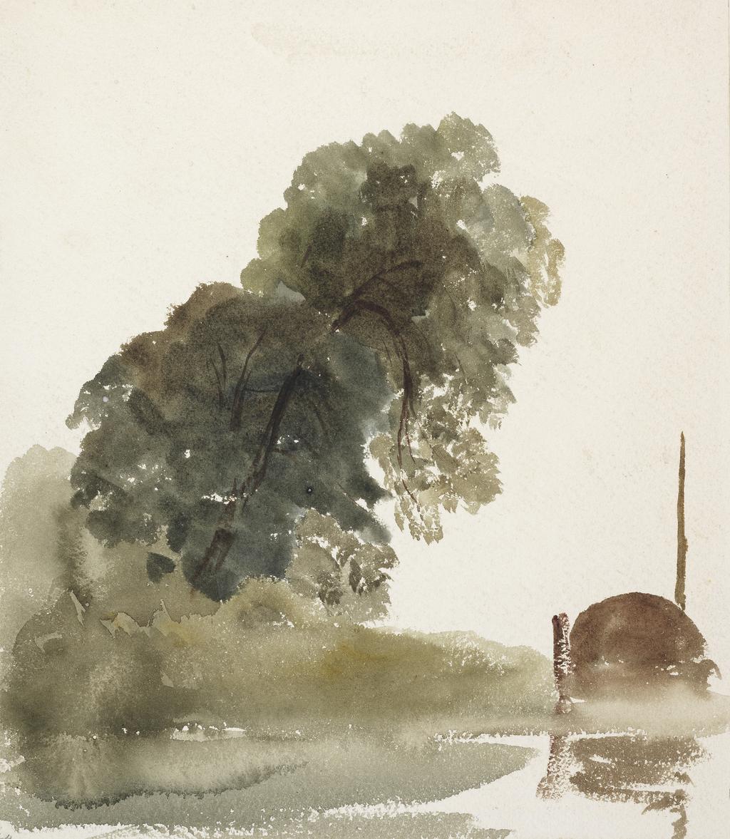 An image of Recto: Sketch of a tree and the hull of a boat at mooring. Verso: A lobster pot. De Wint, Peter (British, 1784-1849). Recto: watercolour. Verso: brown wash on paper. Height 253 mm, width 216 mm.