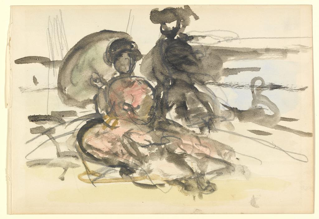 An image of Figure Study: Two Women Seated on a River Bank. Steer, Philip Wilson (British, 1860-1942). Graphite and watercolour on paper, height 178 mm, width 258 mm.