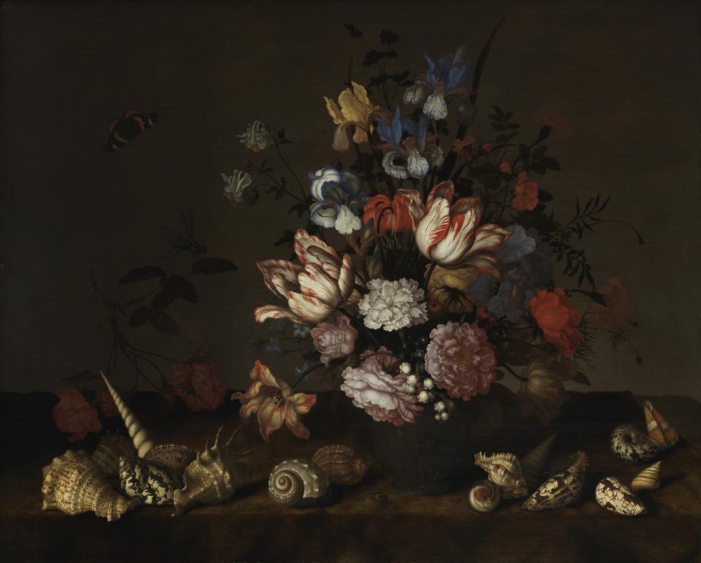 An image of A vase of flowers with shells on a ledge. Ast, Balthasar van der (Dutch, 1593/4-1657). Oil on panel, height, 69.0 cm, width 76.2 cm.