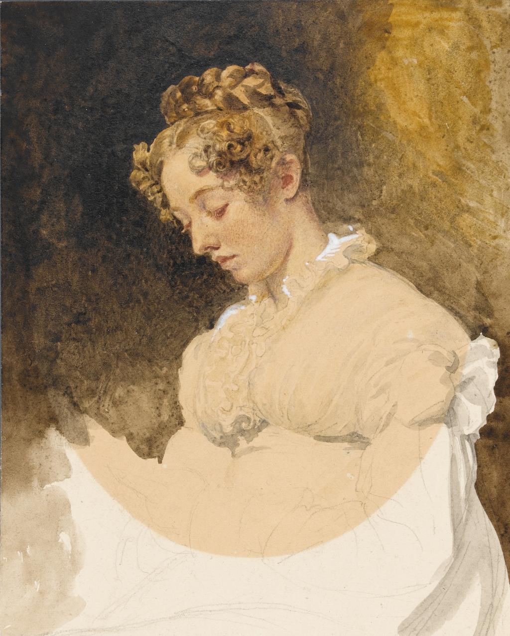 An image of Title/s: Portrait of Harriet de Wint Maker/s: Hilton, William (II) (draughtsman) [ULAN info: British artist, 1786-1839]Technique Description: watercolour and white bodycolour highlights over traces of graphite on paper, laid downDimensions: height: 142 mm, width: 114 mm  