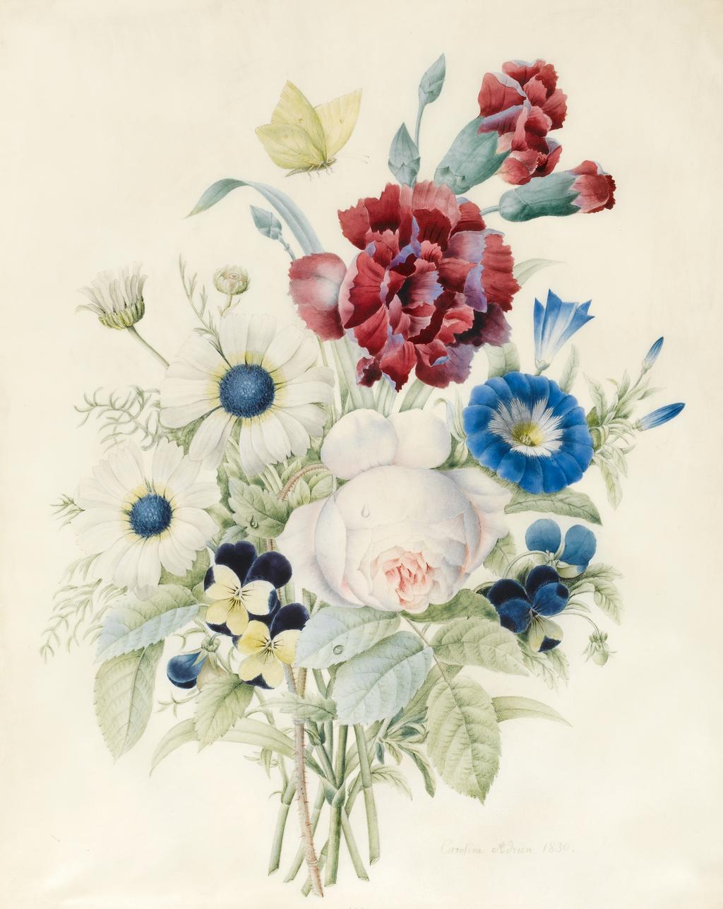 An image of Adrien, Caroline. A spray of flowers including a rose, a blue convolvulus and pansies. Watercolour and bodycolour on paper. 1830.