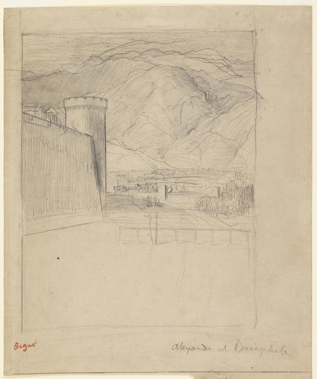 An image of Study for the landscape background of Alexander and Bucephalus. Degas, Edgar (French, 1834-1917). Graphite on paper, height 340 mm, width 274 mm.
