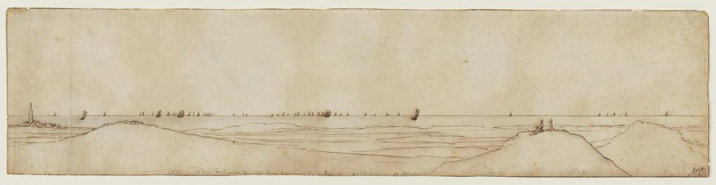 An image of Panoramic view of the English fleet, off the Dutch coast, at Scheveningen. Bray, Jan de (Dutch, c.1626/7(?)-1697). Pen, brown ink and grey wash, on three sheets of paper, joined together, height 85 mm, width 452 mm, c.1660.