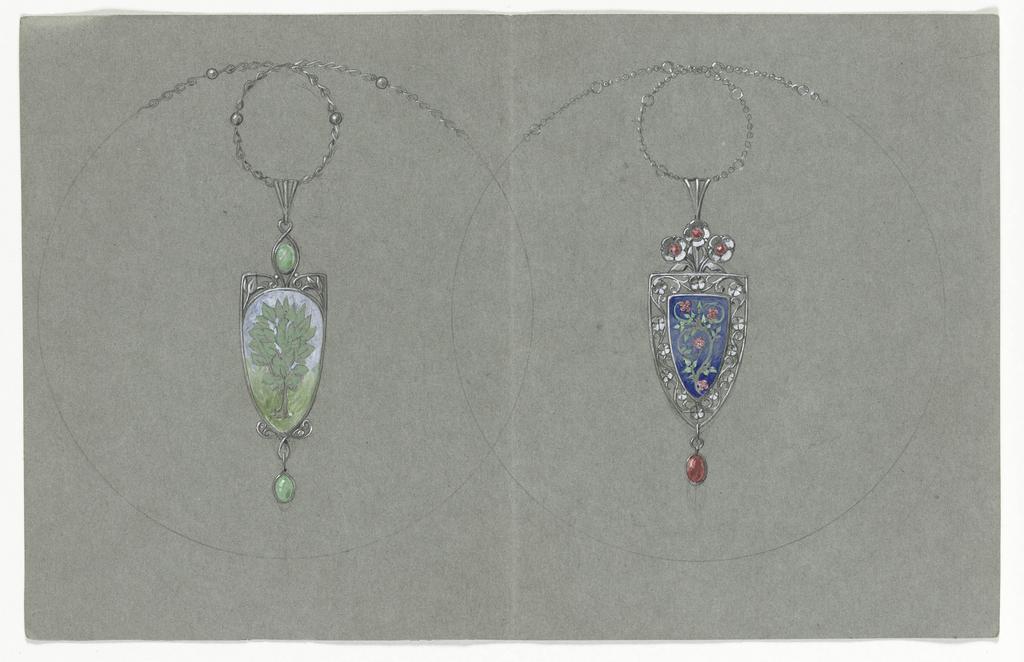 An image of Designs for two enamelled pendants with chains. Ashbee, Charles Robert (British, 1863-1942). Graphite, watercolour with white on grey paper, height 163 mm, width 255 mm. 20th century.