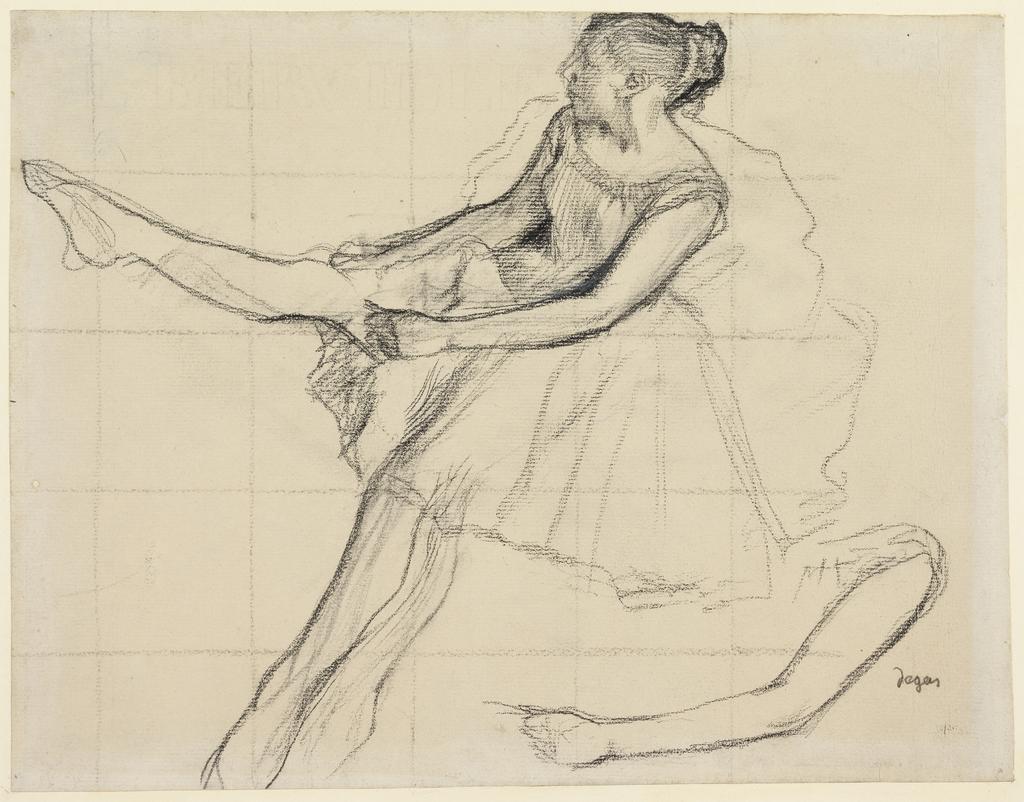 An image of Danseuse rajustant son maillot (Young Female Dancer Adjusting her Tights). Degas, Edgar (French, 1834-1917). Black chalk, graphite, on paper, squared for transfer with charcoal and touched with white, height 242 mm, width 313 mm, 1880.