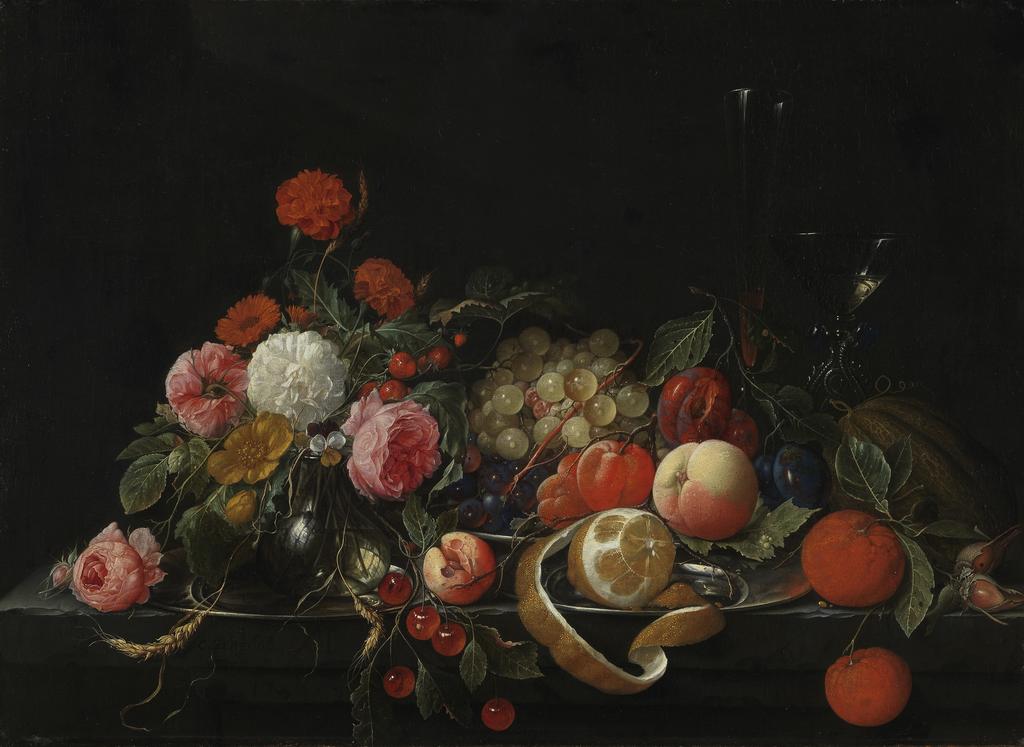 An image of Flowers and still-life. Heem, Cornelis de (Dutch, 1631-1695). Oil on canvas, height 53.3 cm, approx, width 73.8 cm, approx.