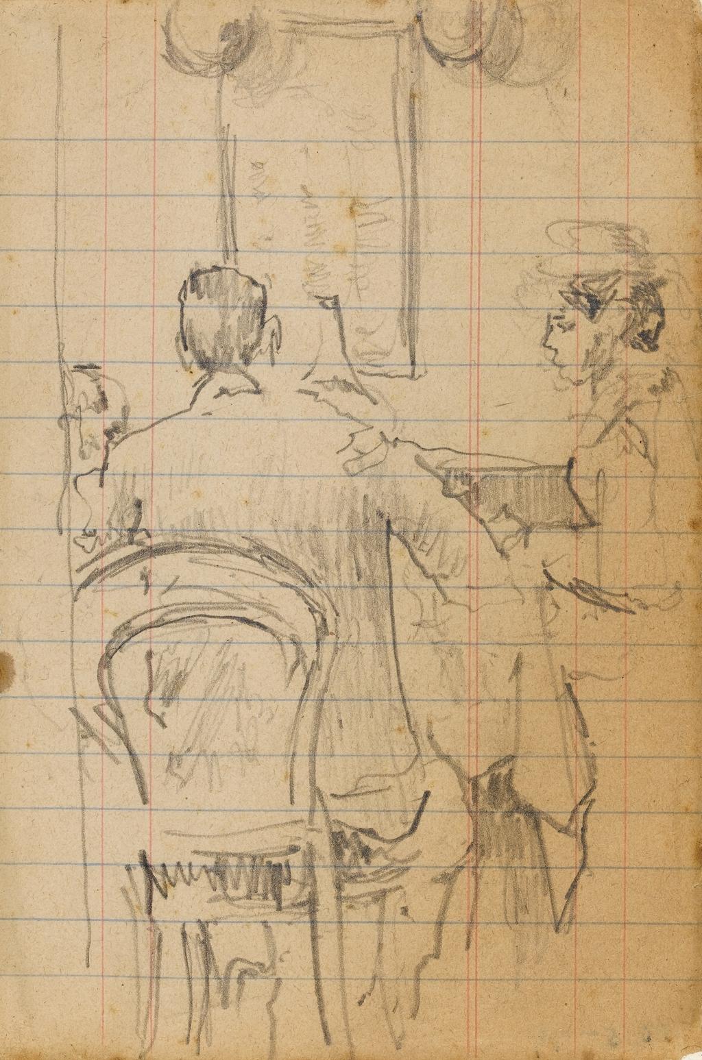 An image of Couple at a Restaurant Table. Sickert, Walter Richard (British, 1860-1942). Graphite on lined paper (torn from a notebook), height 160mm, width 100mm.