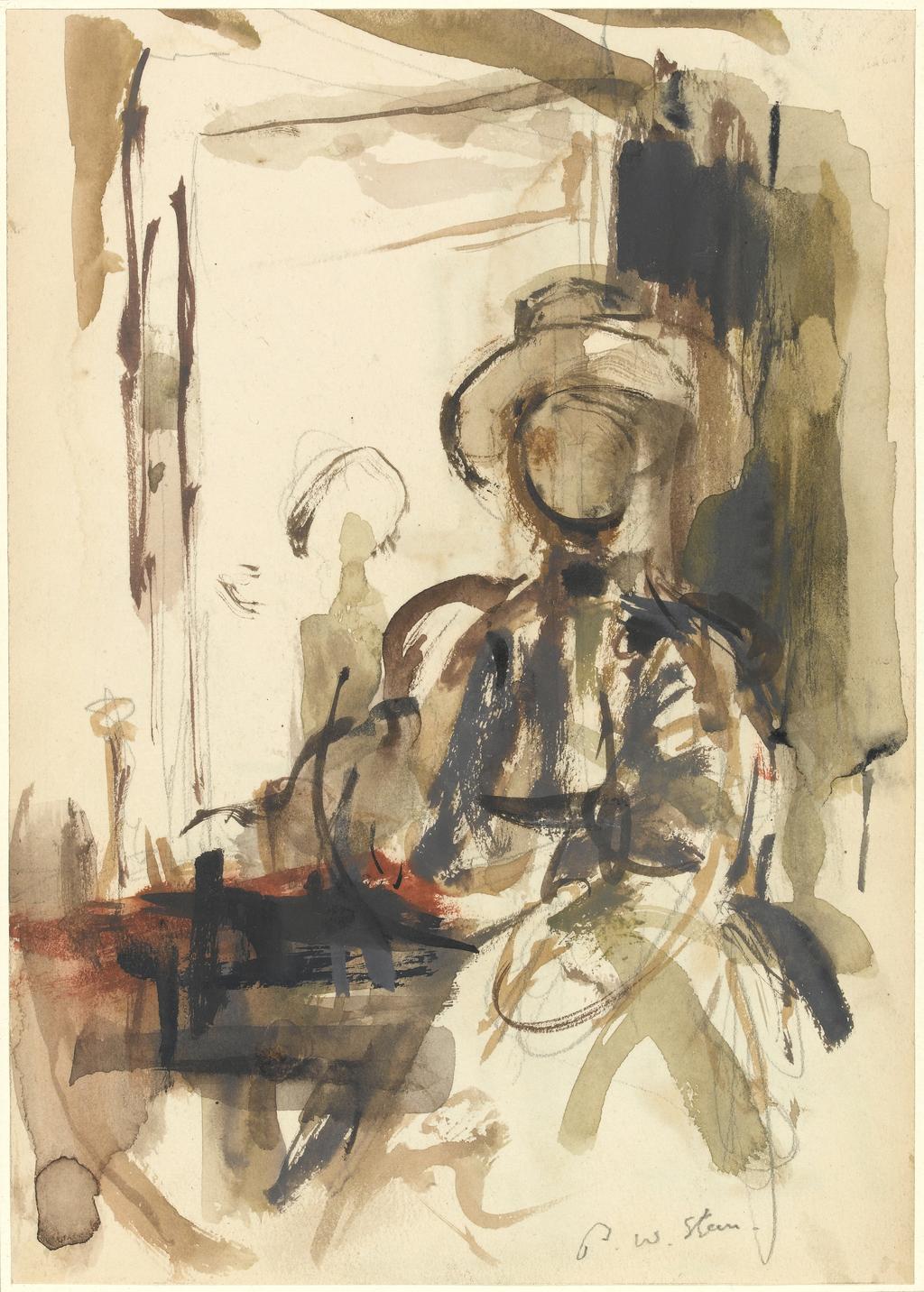 An image of Seated figure: woman seated, wearing a hat. A slight landscape sketch showing a bridge across a river and wharves (the Thames?). Steer, Philip Wilson (British, 1860-1942). Graphite and watercolour on paper, height 241 mm, width 171 mm.