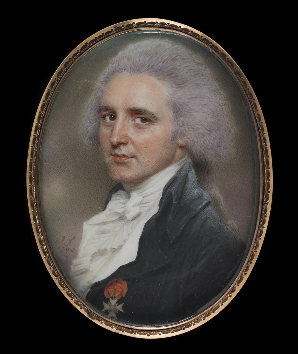 An image of An unknown man, presumably an émigré, wearing the Cross of St Louis. Smart, John (British, 1741-1811). Watercolour on ivory, height 58 mm, width 44 mm, 1790. Production Place: India.
