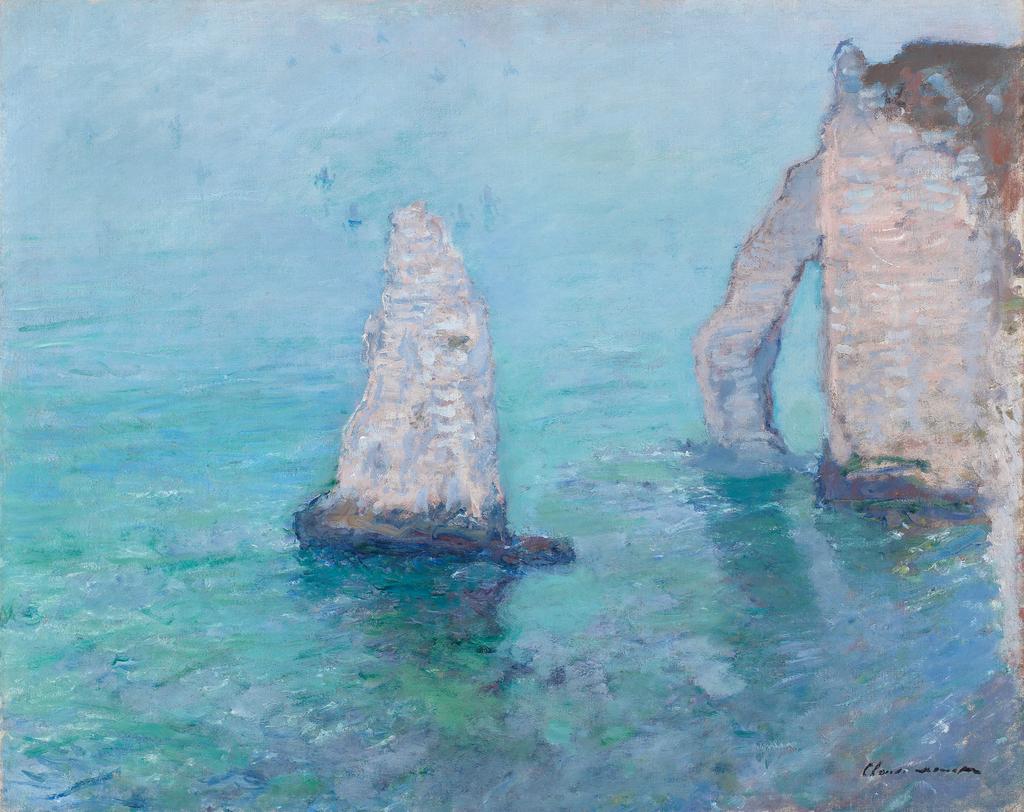 An image of The Rock Needle and Porte d' Aval, Etretat. Monet, Claude (French, 1840-1926). Oil on canvas, height 64.8 cm, width 81 cm, circa 1885.
