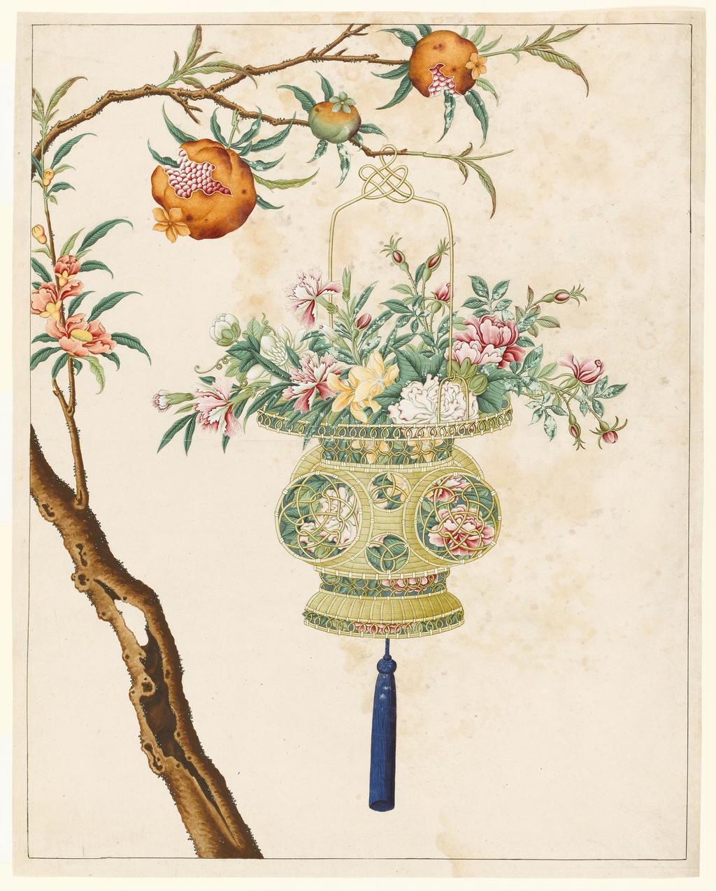 An image of Flowers in a lantern which hangs from the branch of a fruit tree. Bodycolour on paper, height 596 mm, width 473 mm, circa 1820. Chinese.