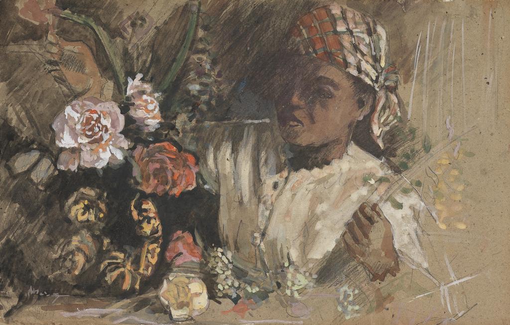 An image of Black woman with peonies. Bazille, Frédéric (French, 1841-1870). Watercolour, gouache, black chalk and graphite on card, height, card, 335 mm, width, card, 525 mm, circa 1870. Acquisition: The Gow Fund, National Art Collections Fund, V. & A. Purchase Grant Fund.