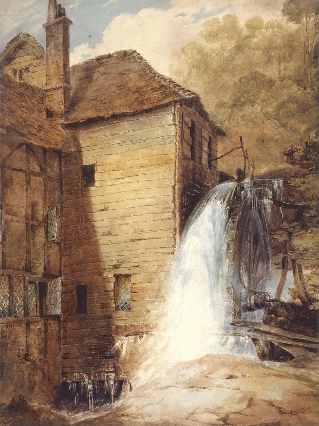 An image of An overshot Mill. Cotman, John Sell (British, 1782-1842). Watercolour over graphite on paper, height 486 mm, width 360 mm, circa 1801-1802.