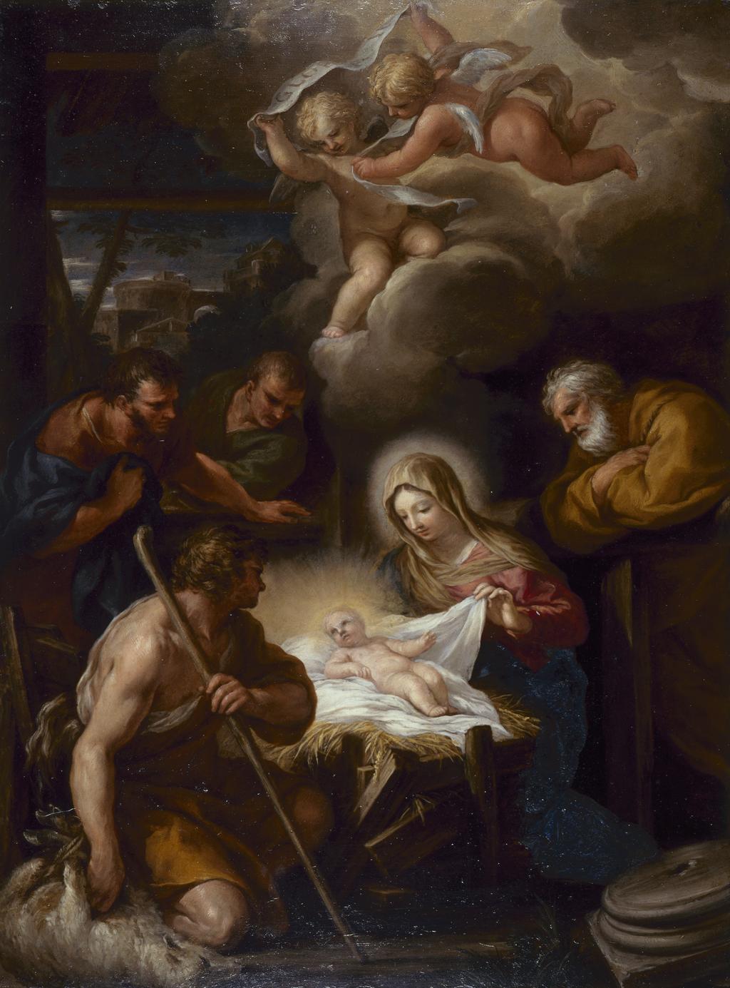 An image of The Adoration of the Shepherds. Ferri, Ciro (Italian, 1634?-1689). Signed on the column base: 'Cirus. Ferri'. Oil on copper, height 52.5 cm, width 38.8cm, 1670. Notes: Commissioned by Cardinal Francesco Barberini as a present for the Venetian Ambassador to Rome. Presented by the Trustees of Sir Denis Mahon's Charitable Trust through the Art Fund, 2013