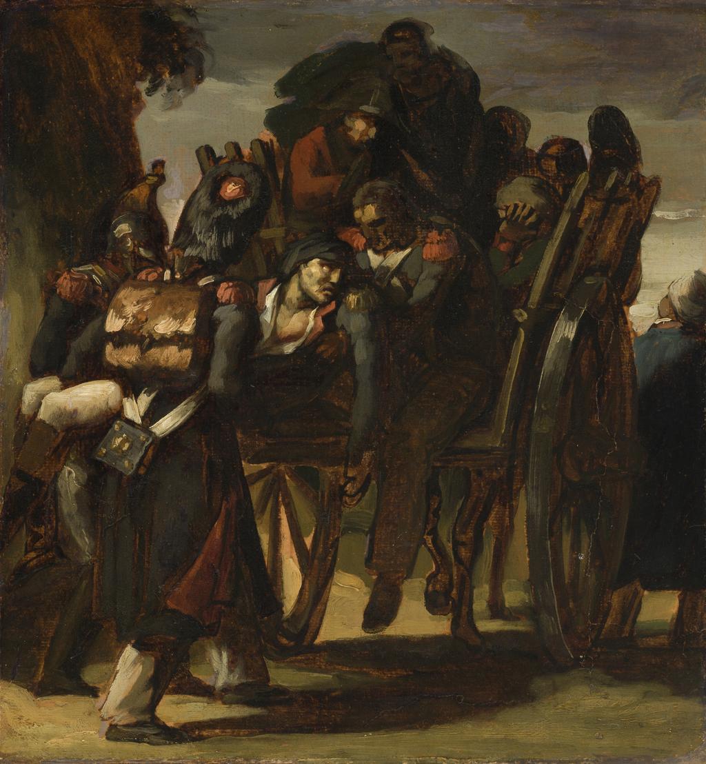 An image of Wounded Soldiers in a Cart. Géricault, Jean Louis André Théodore (French, 1791-1824). Oil on paper laid down on canvas, height 33.2 cm, width 31.0, cm; height, painted surface, 32.7 cm, width, painted surface, 30.4 cm circa 1817-1818.