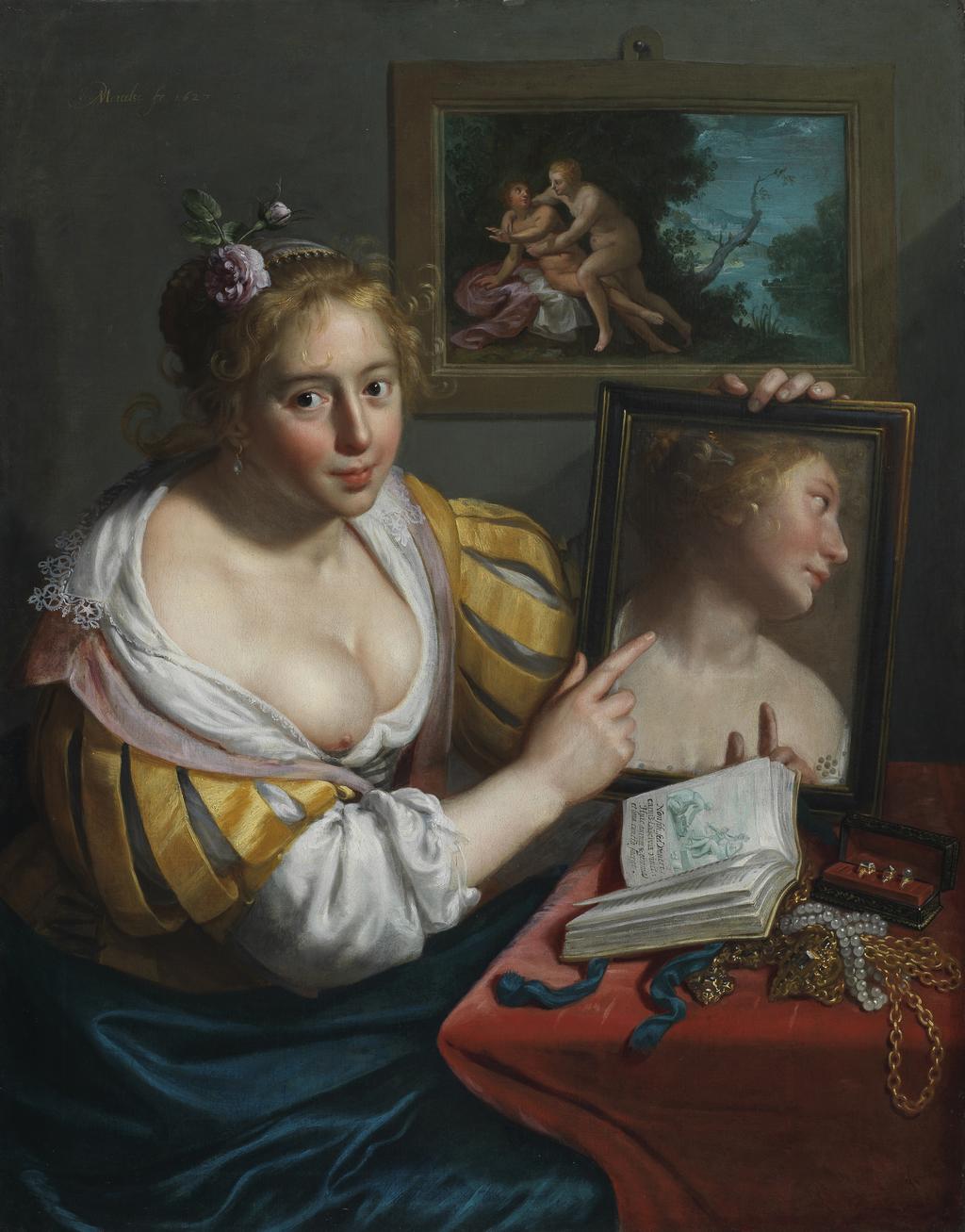An image of A girl with a mirror, an allegory of Profane Love. Moreelse, Paulus (Dutch, 1571-1638). Oil on canvas, height 105.5 cm, width 83 cm, 1627.