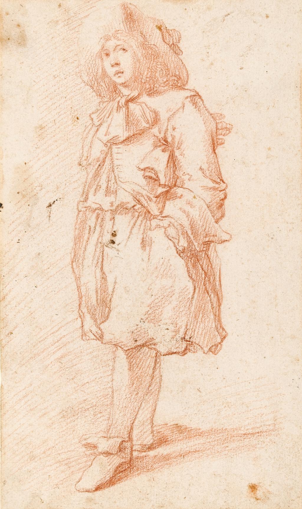 An image of Title/s: A young man in a hat, standing to left, his glove under his armpit, his left hand in his pocket (recto title) Maker/s: Vannini, Ottavio attributed to (draughtsman) [ULAN info: Italian artist, 1585-1643]Technique Description: red chalk on paper Dimension: height: 229 mm, width: 140 mmDate: circa 1630