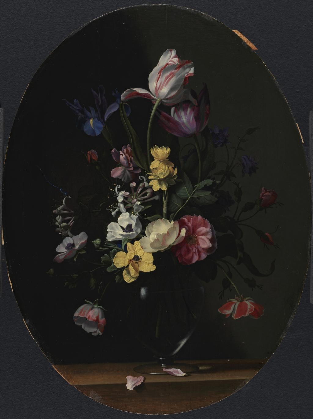 An image of A vase of flowers. Picart, Jean Michel (Flemish, c.1600-1682). Oil on panel, height 50.1 cm, width 38.05 cm. 17th century. Pendant to PD.36-1975.