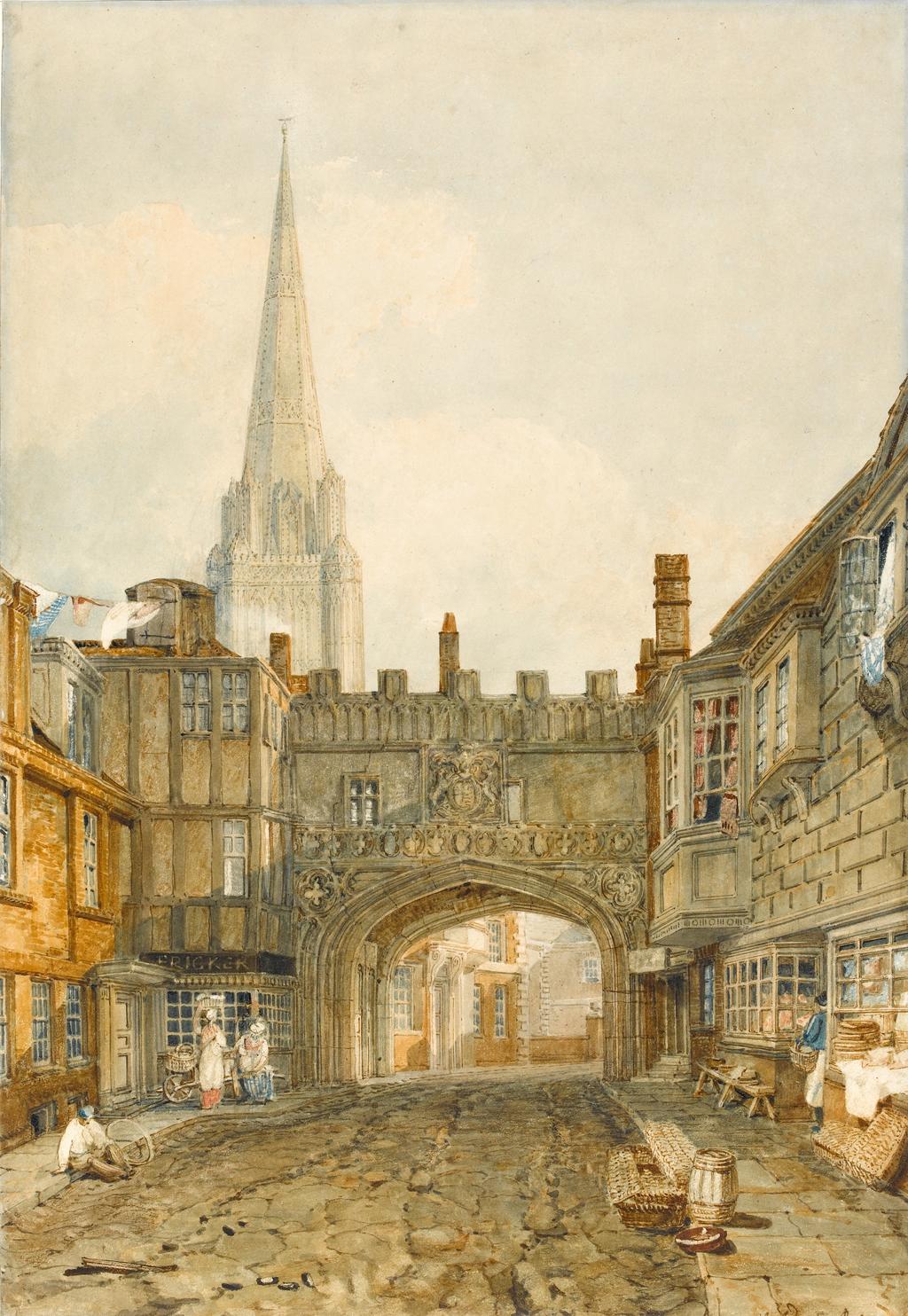 An image of Gateway to the Close, Salisbury. Turner, Joseph Mallord William (British, 1775-1851). Watercolour over graphite with gum arabic on paper, height 456 mm, width 315 mm, 1802.