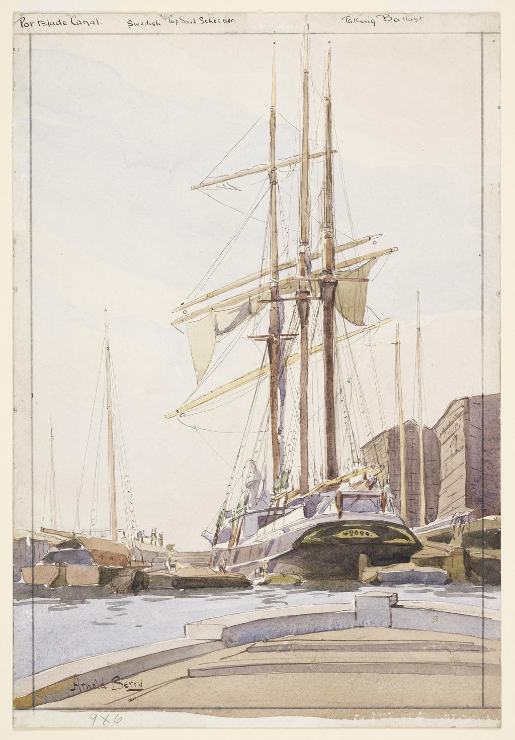 An image of Portslade Canal: Swedish Top Sail Schooner Taking Ballast (recto). Landscape with horses (verso). Berry, Arnold (British, c. 1920-1940). Recto: watercolour and brown ink. Verso: watercolour on paper. Height 227 mm, width 332 mm.