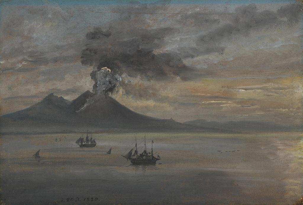 An image of The Neapolitan Coast with Vesuvius in eruption. Dahl, Johan Christian Clausen  (Norwegian, 1788-1857). Oil on paper marouflé to canvas, height 23 cm, width 33.5 cm 1820.