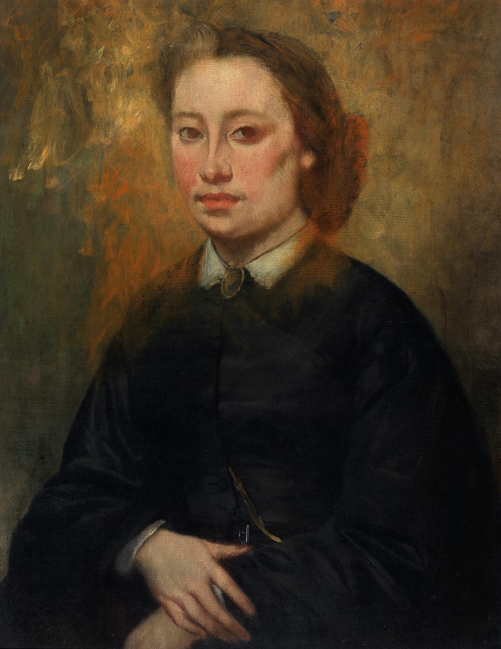 An image of Portrait of a Woman. French School. Oil on canvas, height 58.4 cm, width 54 cm, 1850 to 1880.