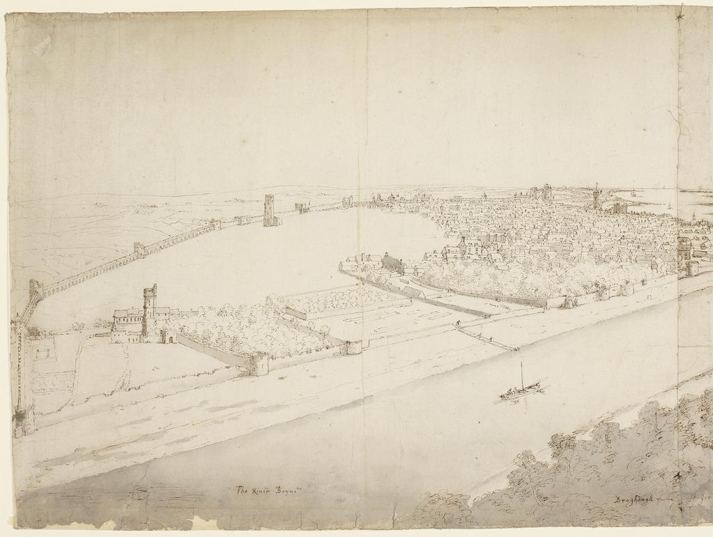 An image of View of Drogheda. Place, Francis (British, 1647-1728). Pen, sepia ink and grey wash, on two sheets of paper, joined at the centre, height 368 mm, width 914 mm, 1698.