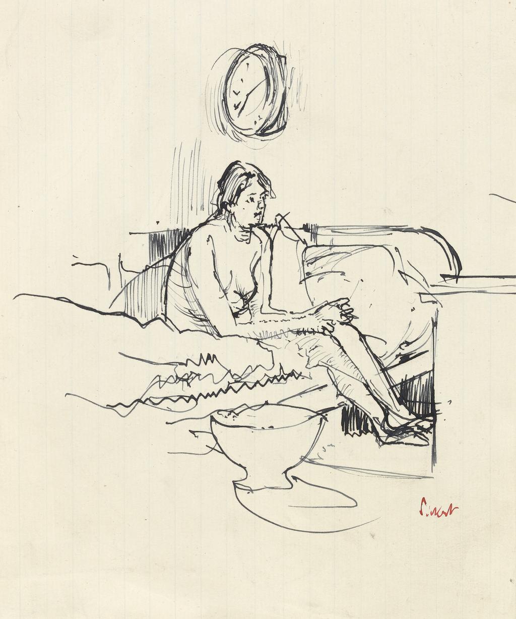 An image of Girl Seated on a Bed. Sickert, Walter Richard. Pen and blue ink on paper, height 204 mm, width 171 mm.