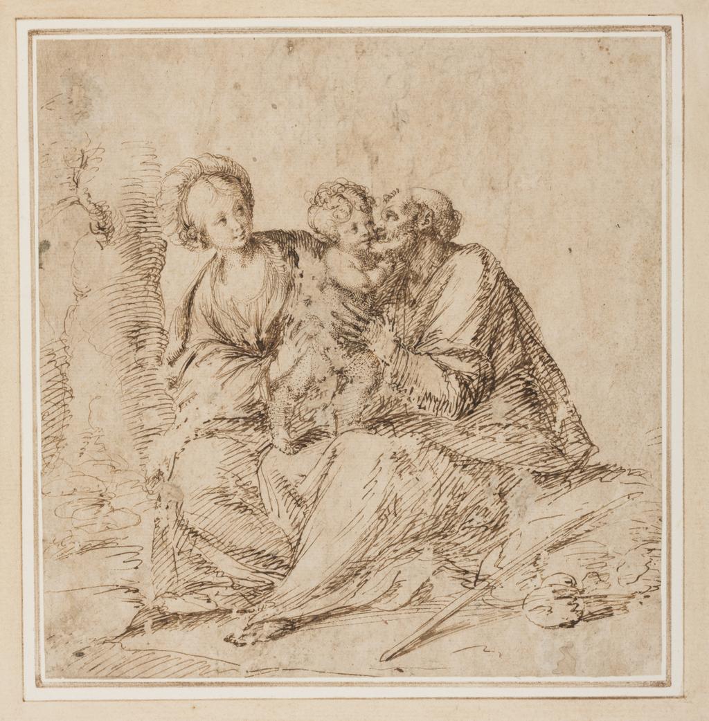 An image of The Rest on the Flight into Egypt. Slight sketches, probably the lower parts of three naked putti. Oliver, Isaac I (British, 1556(?)-1617). Pen and brown ink, on discoloured white paper, height 198 mm, width 191 mm.