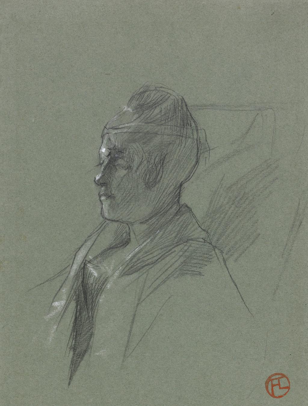 An image of Toulouse-Lautrec, Henri de. Portrait of Mme Grenier (recto). Graphite heightened with white on green paper, height 235 mm, width 151 mm.