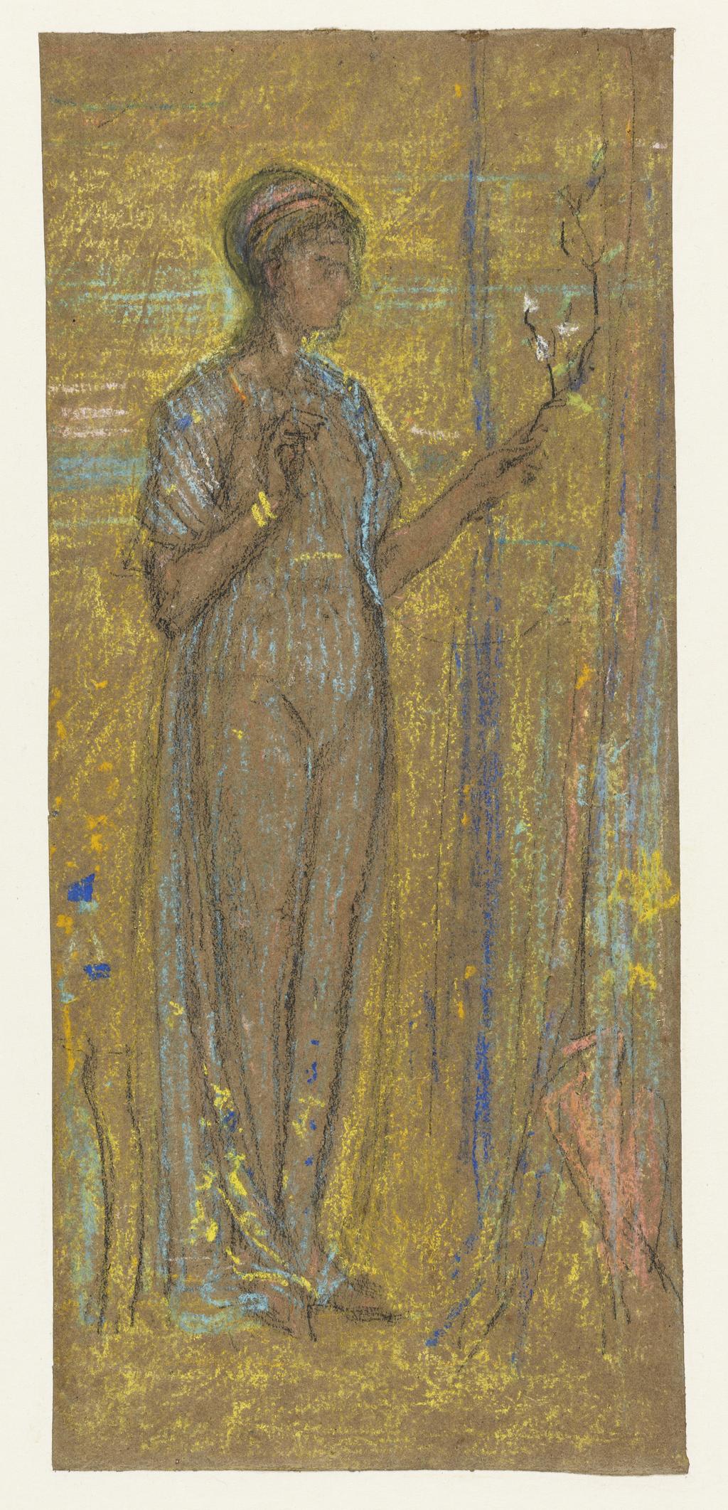 An image of Blue and Gold. A sketch of a screen (?). Whistler, James Abbott McNeill (American, 1834-1903). Chalk and pastel on brown paper, height 283 mm, width 123 mm, 1871-1872.