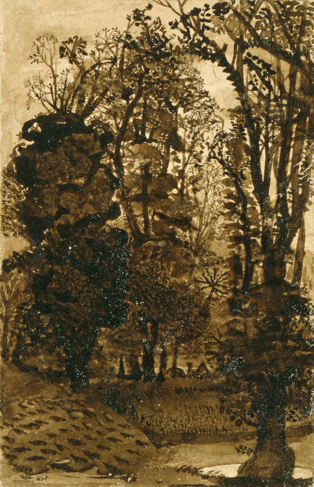 An image of Title/s: Dark Trees by a Pool Maker/s: Palmer, Samuel (draughtsman) [ULAN info: British artist, 1805-1881]Technique Description: pen and sepia ink, sepia wash on card, stuck down Dimensions: height: 105 mm, width: 67 mm Date: circa 1826 to 1827   