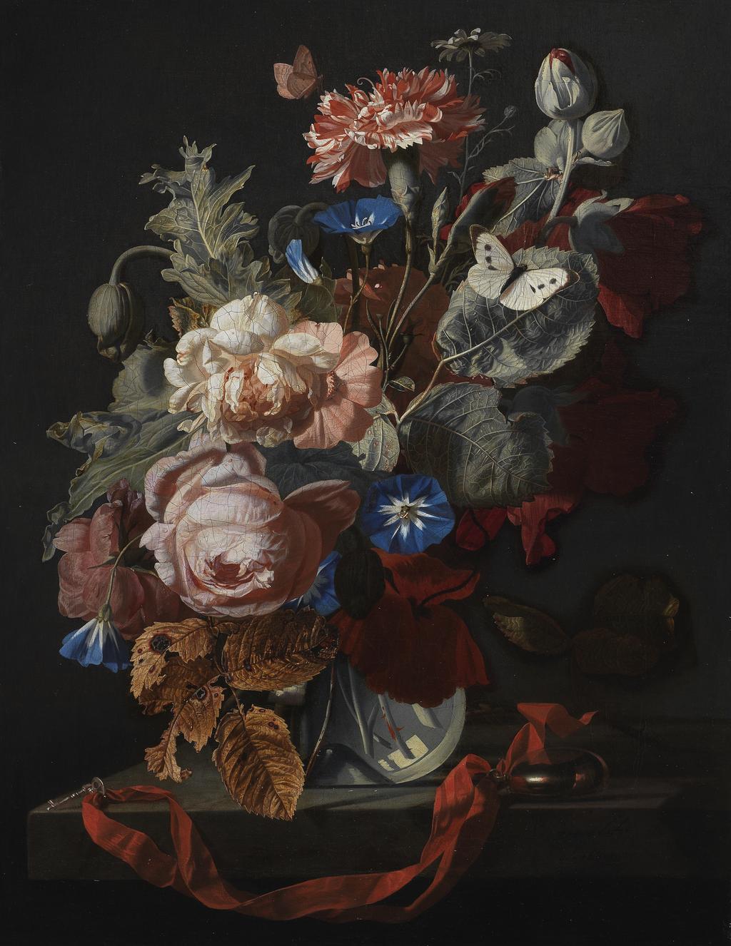 An image of A vase of flowers. Verelst, Simon Pietersz. (Dutch, 1644-1710(?)/21). Oil on canvas, height 51 cm, width 40.5 cm, 1669. Acquisition: bequeathed 1975; Fairhaven, Henry Rogers Broughton.