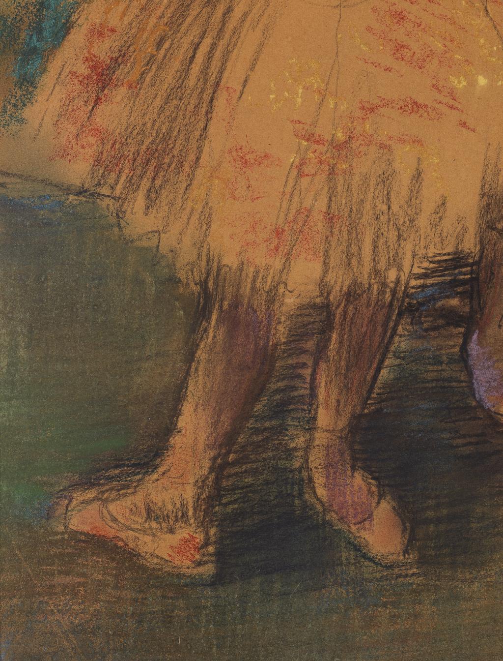 An image of Dancers in the Wing. Degas, Edgar (French, 1834-1917). Black chalk and pastel, height 600mm, width 443mm, ca 1900.