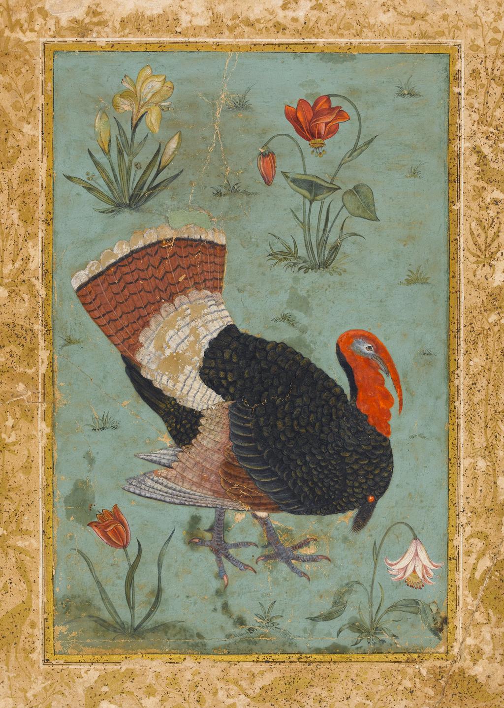 An image of Title/s: A turkey surrounded by four flowering plants Maker/s: Unknown (miniaturist), Mogul SchoolTechnique Description: bodycolour with pen and ink and gold on paper, laid down Dimensions: height: 208 mm, width: 136 mm Period: Shah Jahan  