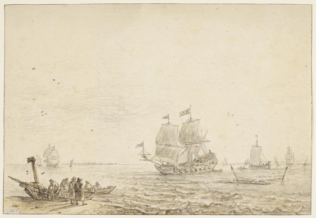 An image of Men-of-war and other ships, fishermen on the shore to the left. Vlieger, Simon de (Dutch, c.1600-1653). Black chalk, washed in brown and grey, on paper, height 195 mm, width 283 mm.
