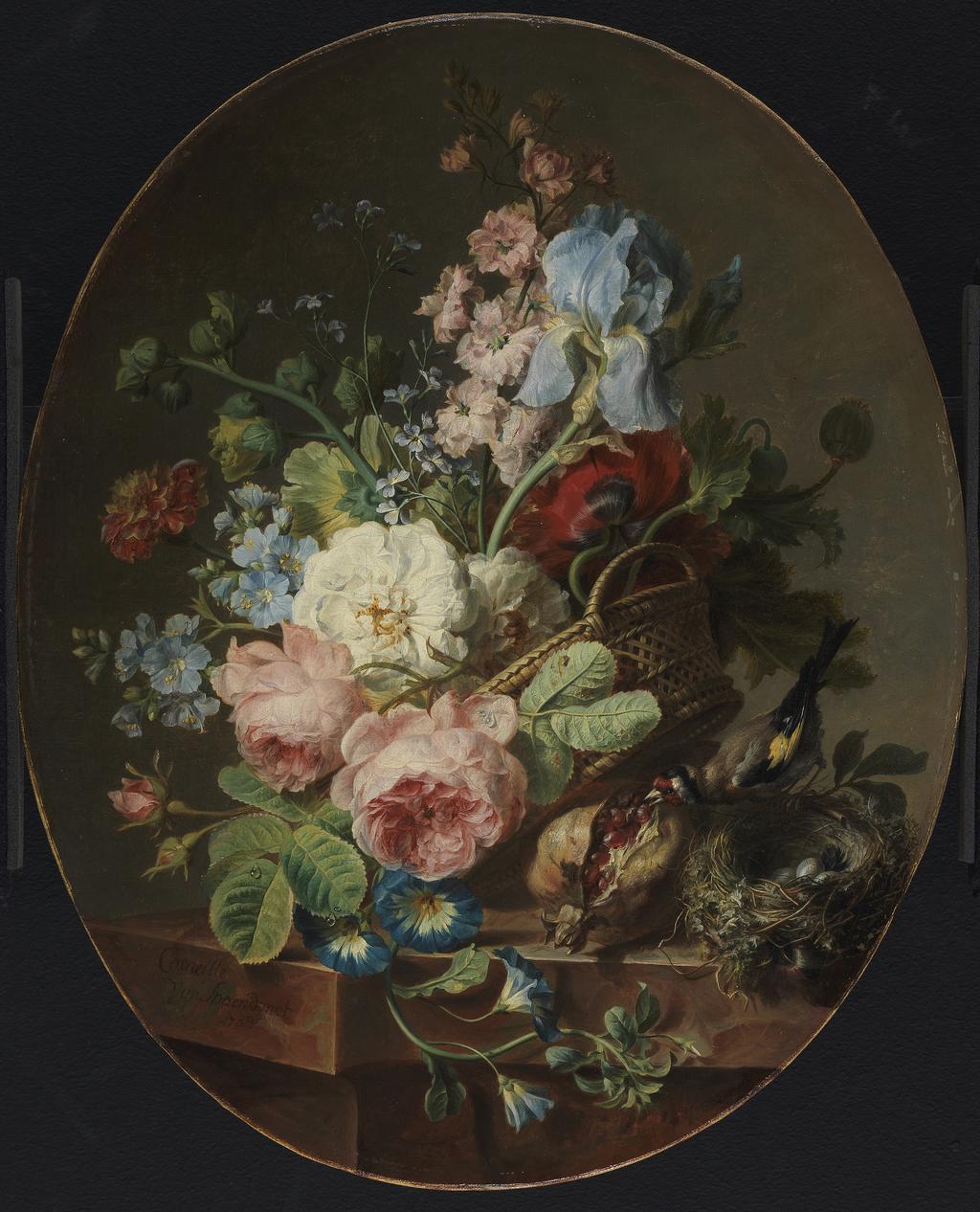 An image of Open wicker basket of mixed flowers, including iris, roses, poppies, hollyhock, marygold, larkspur and convolulus on a marble ledge with an open pomegrante and a goldfinch with its nest. Spaendonck, Cornelis van (Dutch, 1756-1840). Oil on canvas, height 47 cm, width 38 cm, 1789. Production Note: Pendant to PD.89-1973.